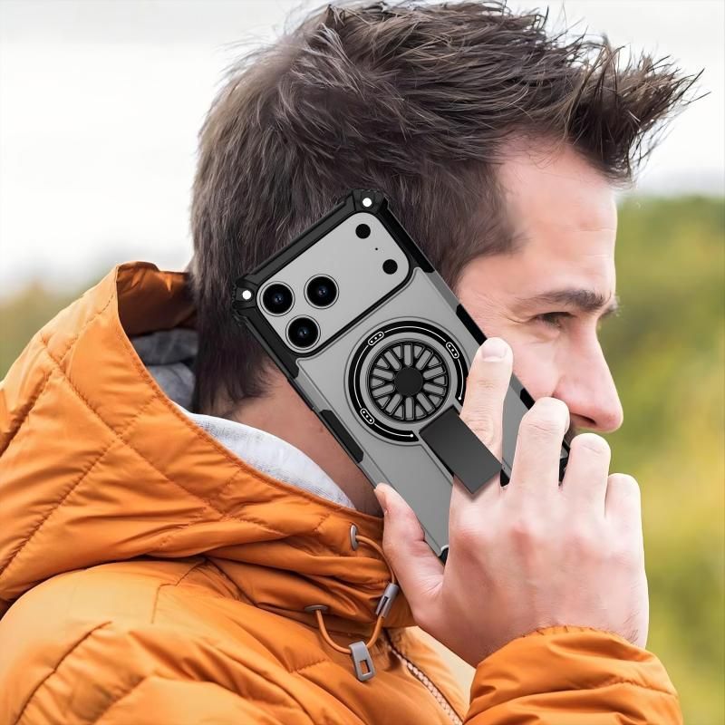 Armor Heavy Duty Magnetic Rotating Ring Kickstand Phone Case For iPhone 13 Pro, Anti-Drop Protective Cover In Silver