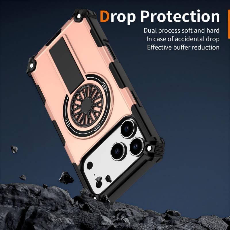 Armor Heavy Duty Magnetic Rotating Ring Kickstand Phone Case For iPhone 15 Plus, Anti-Drop Protective Cover In RoseGold