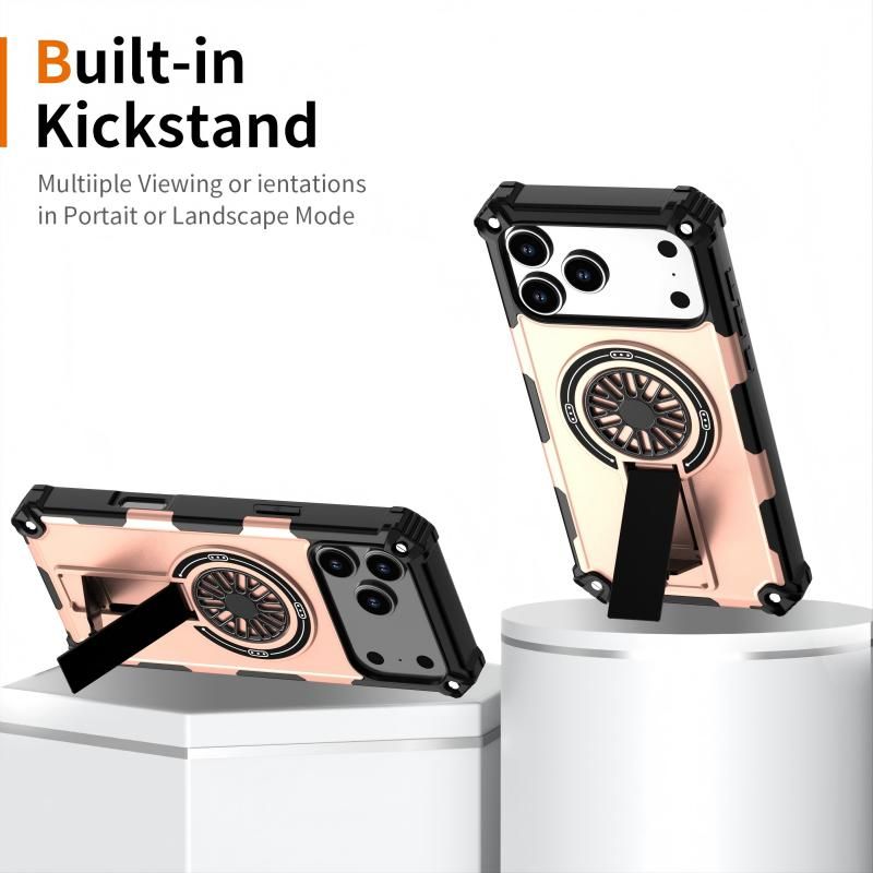 Armor Heavy Duty Magnetic Rotating Ring Kickstand Phone Case For iPhone 15 Plus, Anti-Drop Protective Cover In RoseGold
