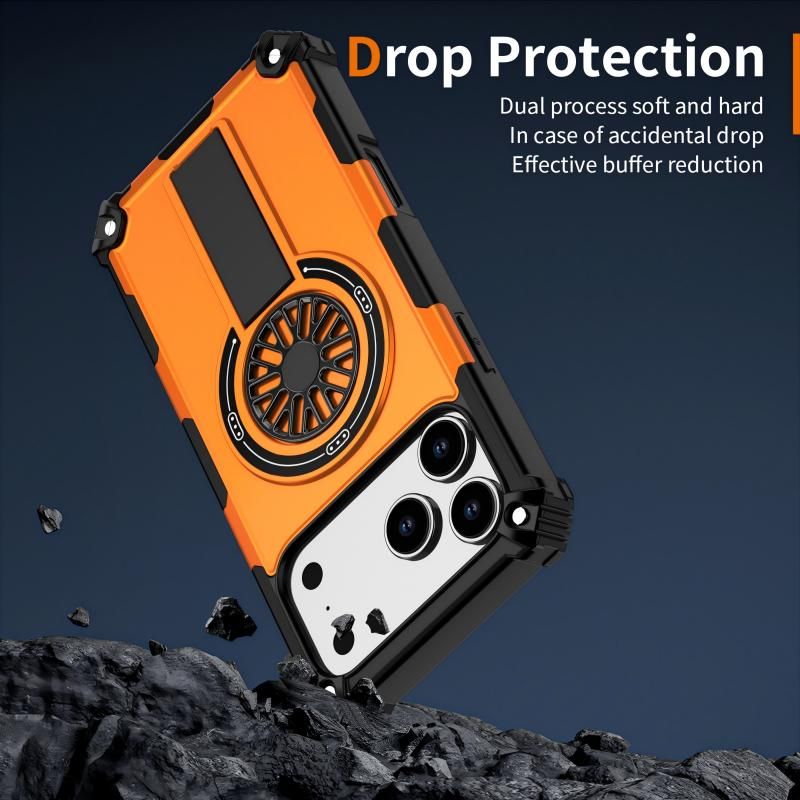Armor Heavy Duty Magnetic Rotating Ring Kickstand Phone Case For iPhone 17 Pro Max, Anti-Drop Protective Cover In Orange