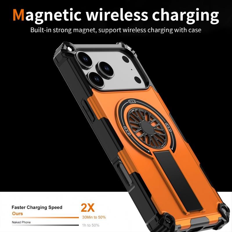 Armor Heavy Duty Magnetic Rotating Ring Kickstand Phone Case For iPhone 17 Plus, Anti-Drop Protective Cover In Orange
