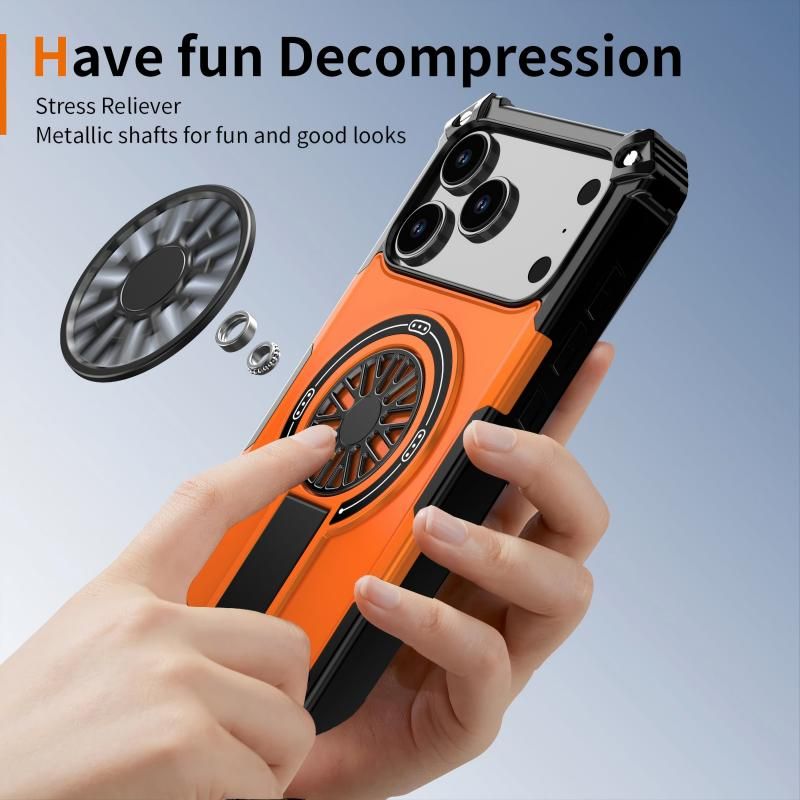 Armor Heavy Duty Magnetic Rotating Ring Kickstand Phone Case For iPhone 17 Plus, Anti-Drop Protective Cover In Orange