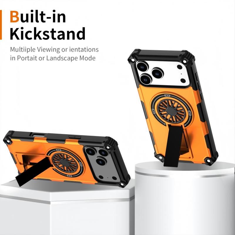 Armor Heavy Duty Magnetic Rotating Ring Kickstand Phone Case For iPhone 17 Plus, Anti-Drop Protective Cover In Orange