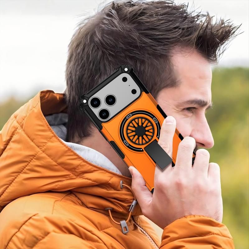 Armor Heavy Duty Magnetic Rotating Ring Kickstand Phone Case For iPhone 17, Anti-Drop Protective Cover In Orange