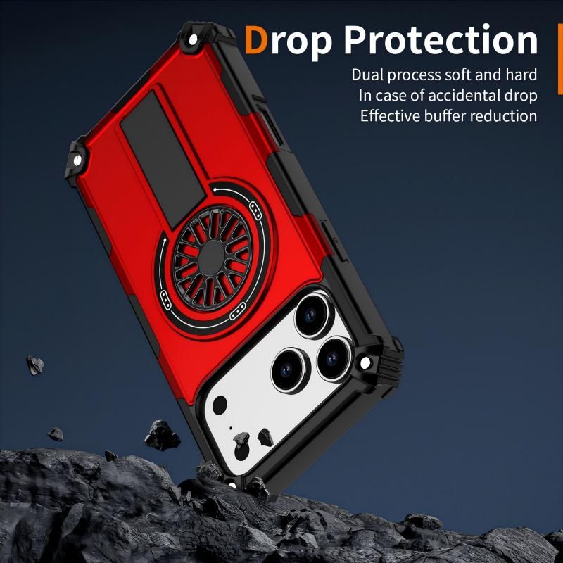 Armor Heavy Duty Magnetic Rotating Ring Kickstand Phone Case For iPhone 17 Pro, Anti-Drop Protective Cover In Red