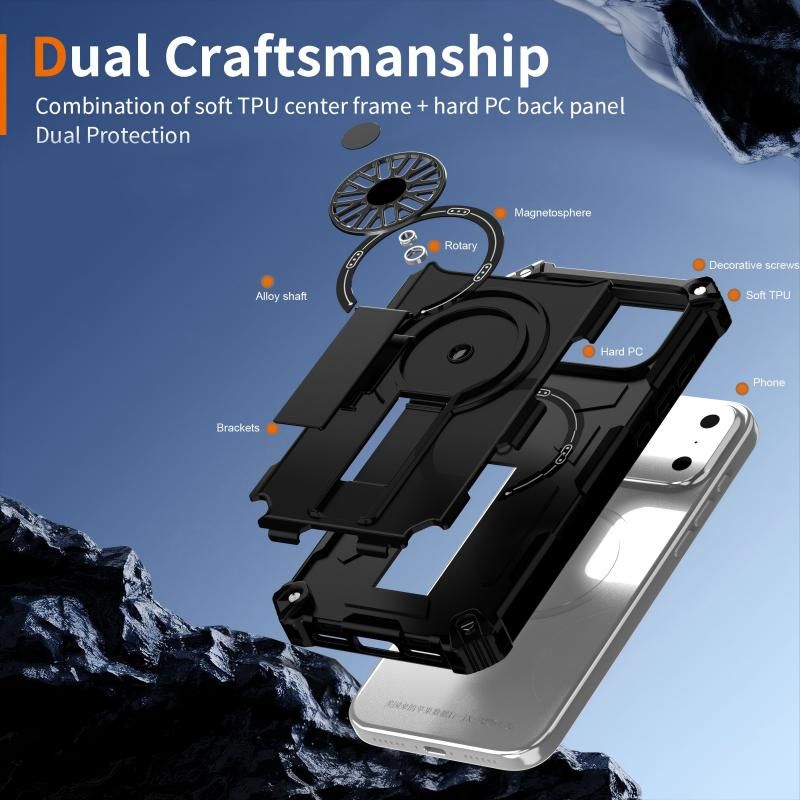 Armor Heavy Duty Magnetic Rotating Ring Kickstand Phone Case For iPhone 16 Pro Max, Anti-Drop Protective Cover In Black