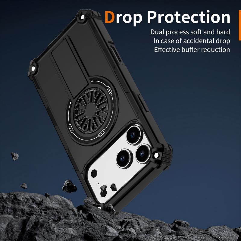 Armor Heavy Duty Magnetic Rotating Ring Kickstand Phone Case For iPhone 16 Pro Max, Anti-Drop Protective Cover In Black