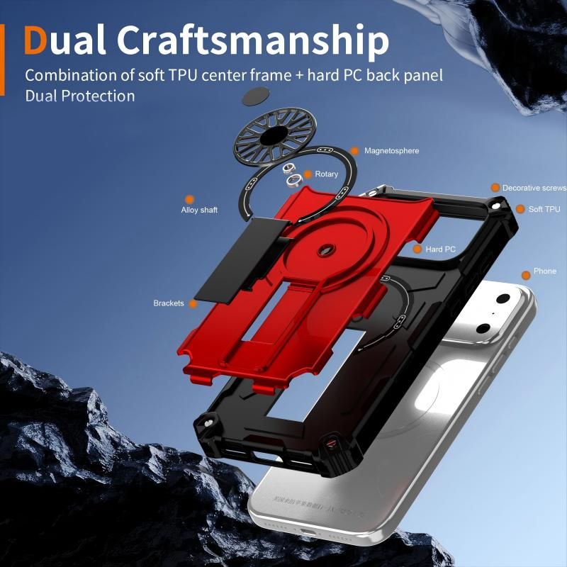 Armor Heavy Duty Magnetic Rotating Ring Kickstand Phone Case For iPhone 16 Plus, Anti-Drop Protective Cover In Red
