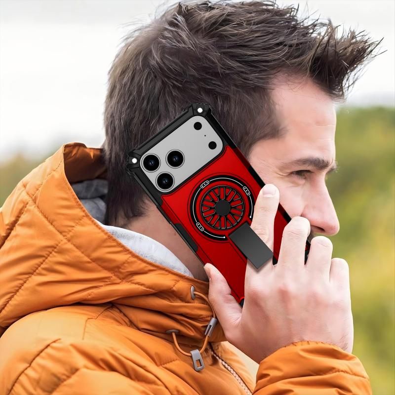 Armor Heavy Duty Magnetic Rotating Ring Kickstand Phone Case For iPhone 16 Pro Max, Anti-Drop Protective Cover In Red