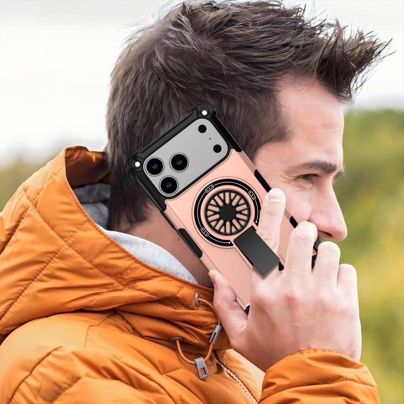 Armor Heavy Duty Magnetic Rotating Ring Kickstand Phone Case For iPhone 16, Anti-Drop Protective Cover In RoseGold