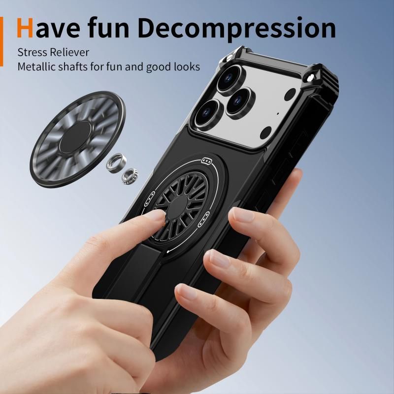 Armor Heavy Duty Magnetic Rotating Ring Kickstand Phone Case For iPhone 15 Pro, Anti-Drop Protective Cover In Black