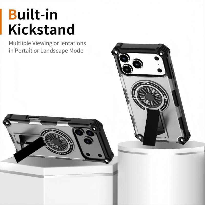 Armor Heavy Duty Magnetic Rotating Ring Kickstand Phone Case For iPhone 15 Pro, Anti-Drop Protective Cover In Silver