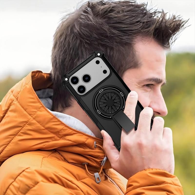Armor Heavy Duty Magnetic Rotating Ring Kickstand Phone Case For iPhone 15 Plus, Anti-Drop Protective Cover In Black