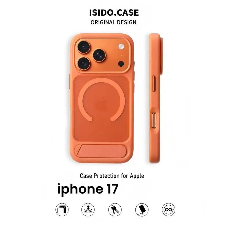 MagSafe Case for iPhone 17 - Orange Matte Shockproof Cover with Hidden Kickstand