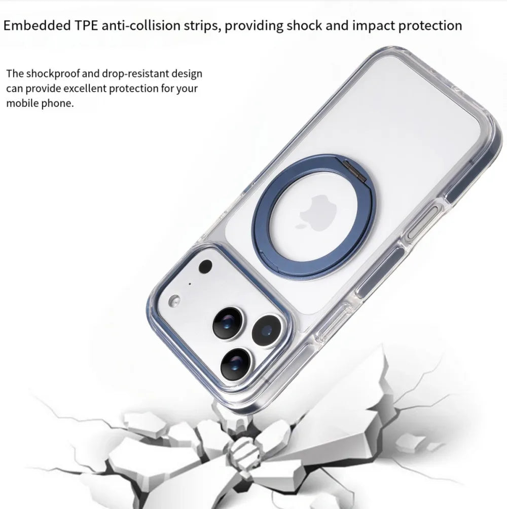 Clear MagSafe iPhone 17 Pro Max Case with 360° Rotating Ring Stand - Blue Edition