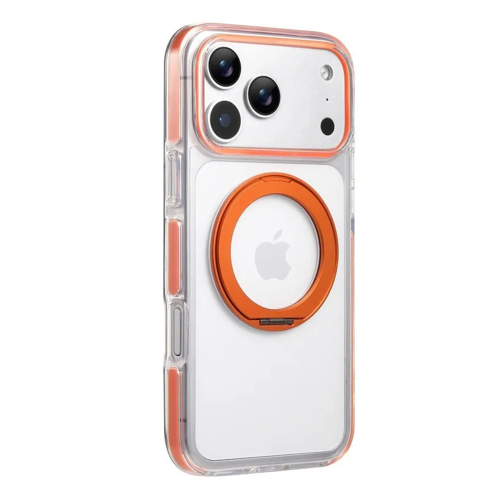Clear MagSafe iPhone 17 Pro Case with 360° Rotating Ring Stand - Orange Edition