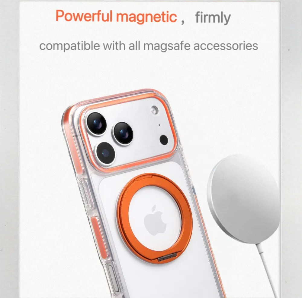 Clear MagSafe iPhone 17 Pro Case with 360° Rotating Ring Stand - Orange Edition