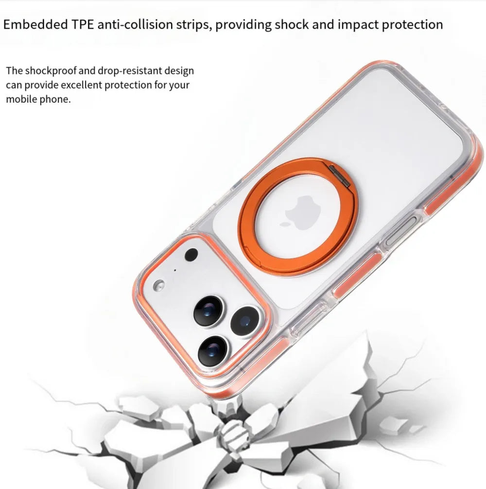 Clear MagSafe iPhone 17 Pro Case with 360° Rotating Ring Stand - Orange Edition