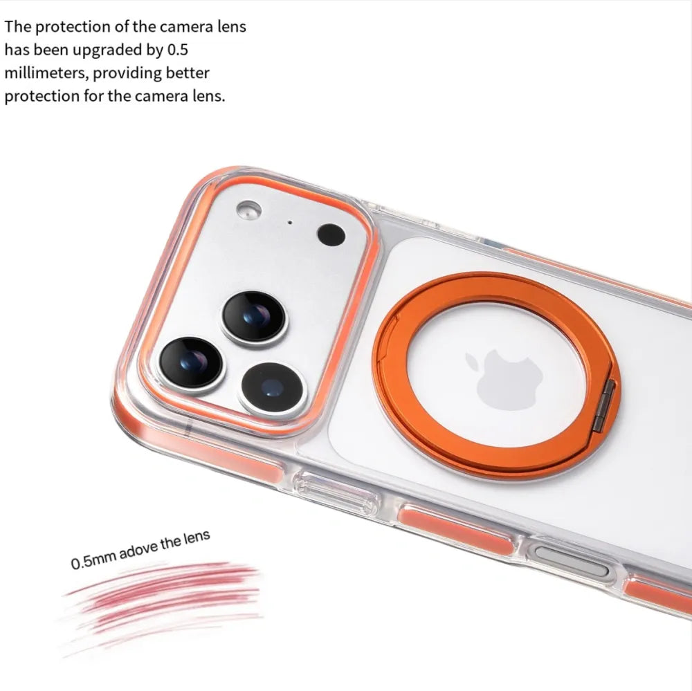 Clear MagSafe iPhone 17 Pro Case with 360° Rotating Ring Stand - Orange Edition