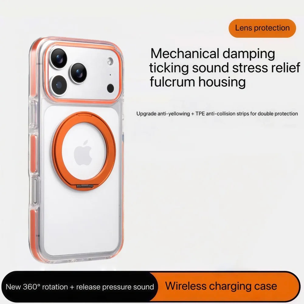 Clear MagSafe iPhone 17 Pro Case with 360° Rotating Ring Stand - Orange Edition