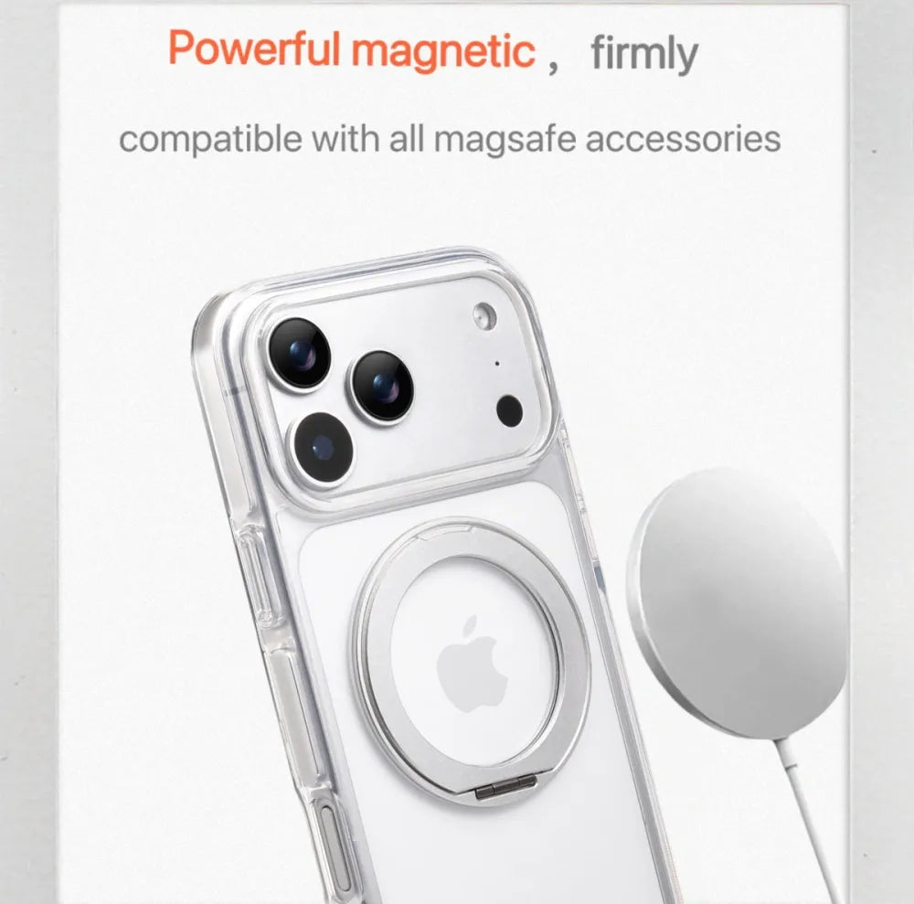 Clear MagSafe iPhone 17 Pro Case with 360° Rotating Ring Stand - Silver Edition
