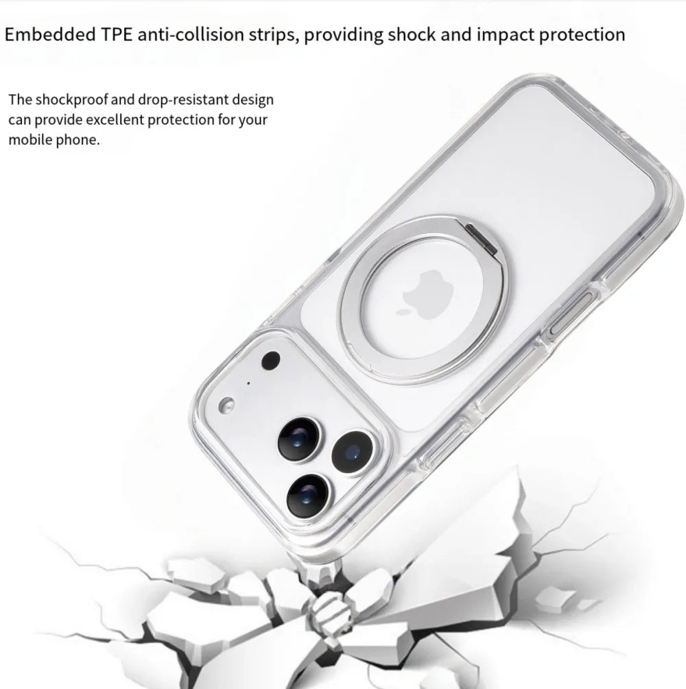 Clear MagSafe iPhone 17 Pro Case with 360° Rotating Ring Stand - Silver Edition