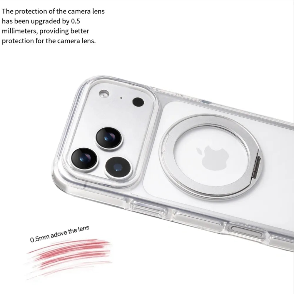 Clear MagSafe iPhone 17 Pro Case with 360° Rotating Ring Stand - Silver Edition