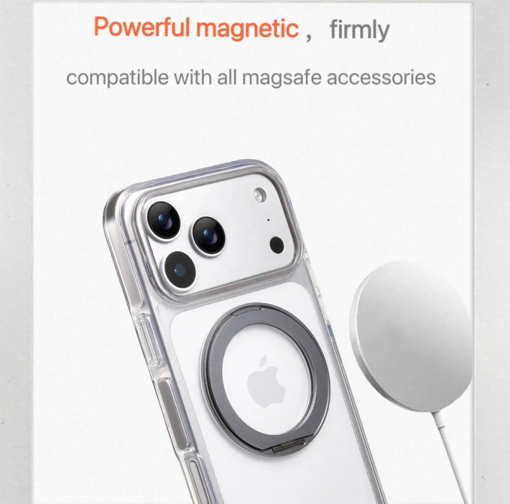 Clear MagSafe iPhone 17 Pro Case with 360° Rotating Ring Stand - Grey Edition