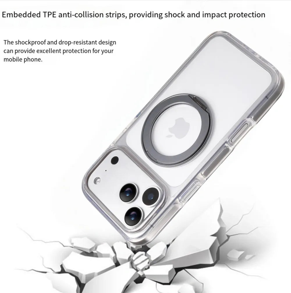 Clear MagSafe iPhone 17 Pro Max Case with 360° Rotating Ring Stand - Grey Edition