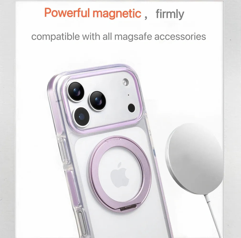 Clear MagSafe iPhone 17 Pro Case with 360° Rotating Ring Stand - Purple Edition