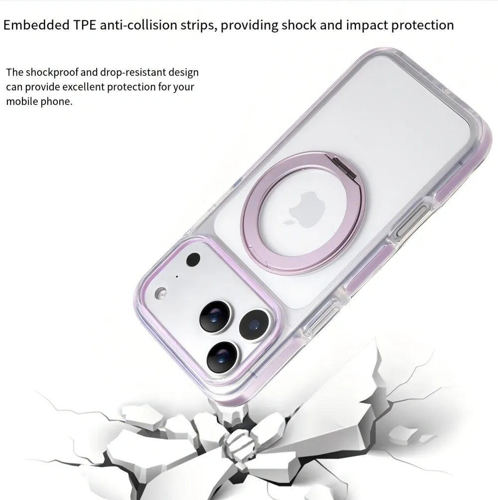 Clear MagSafe iPhone 17 Pro Case with 360° Rotating Ring Stand - Purple Edition