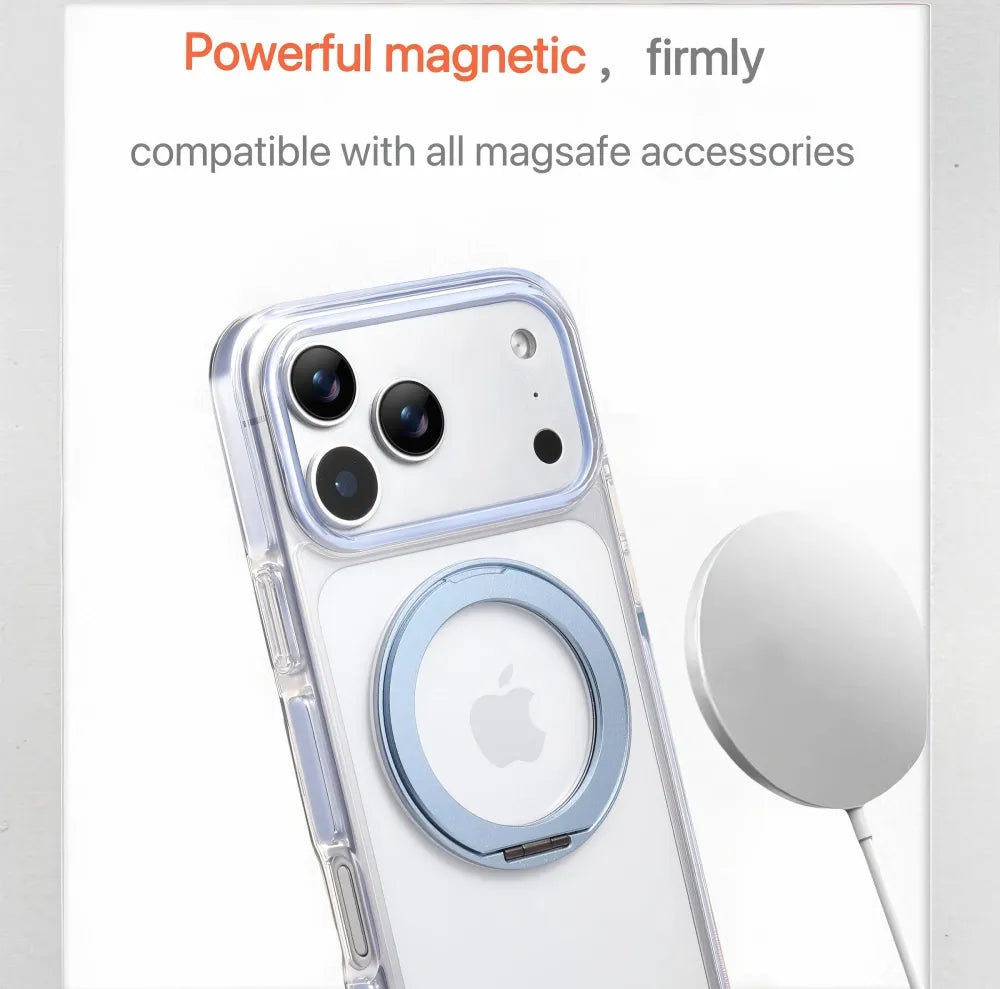 Clear MagSafe iPhone 17 Pro Max Case with 360° Rotating Ring Stand - Sky Blue Edition