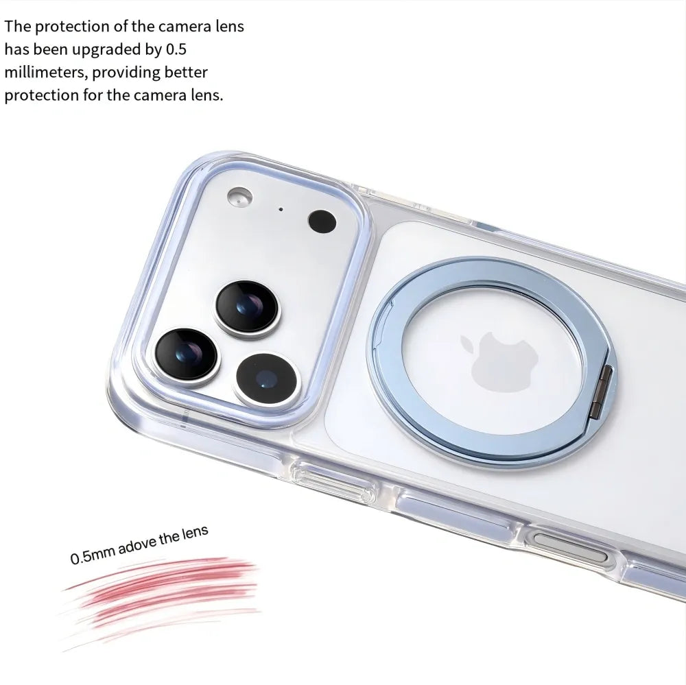 Clear MagSafe iPhone 17 Pro Max Case with 360° Rotating Ring Stand - Sky Blue Edition