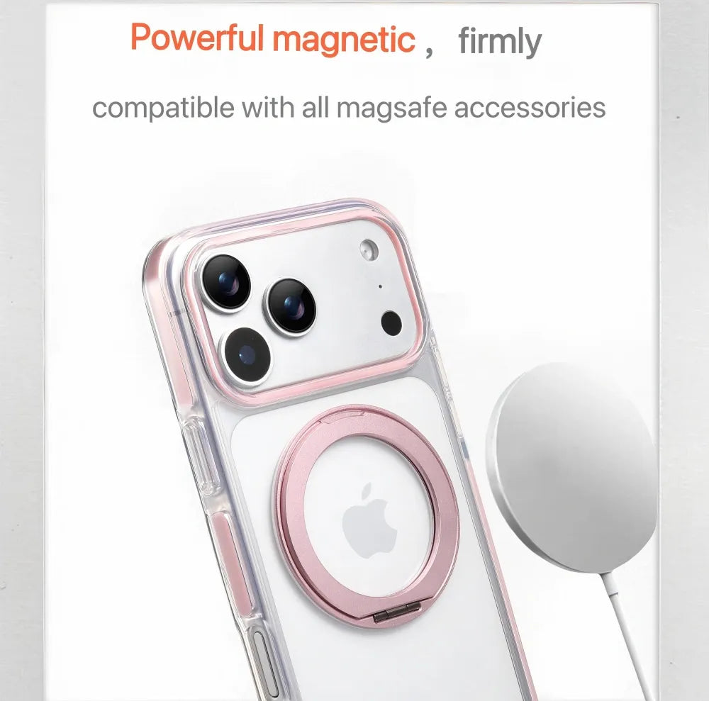 Clear MagSafe iPhone 17 Pro Case with 360° Rotating Ring Stand - Pink Edition