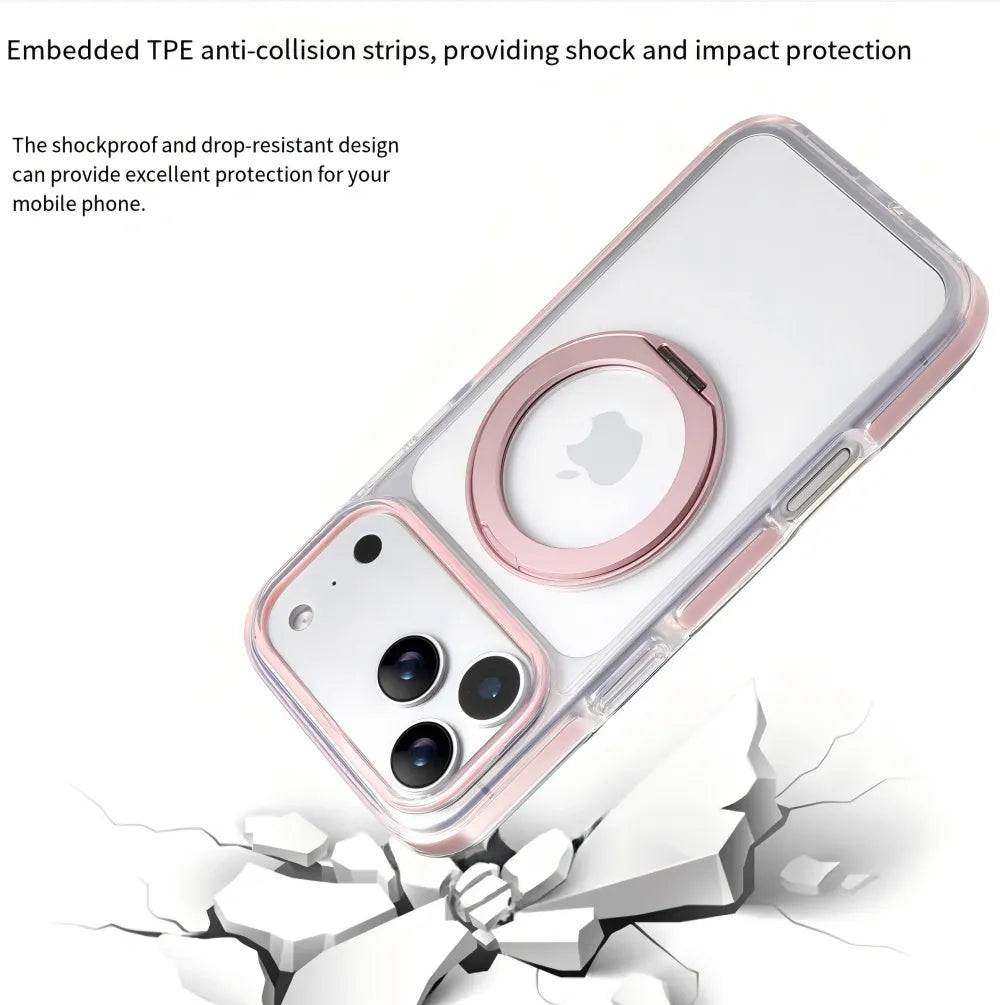 Clear MagSafe iPhone 17 Pro Case with 360° Rotating Ring Stand - Pink Edition