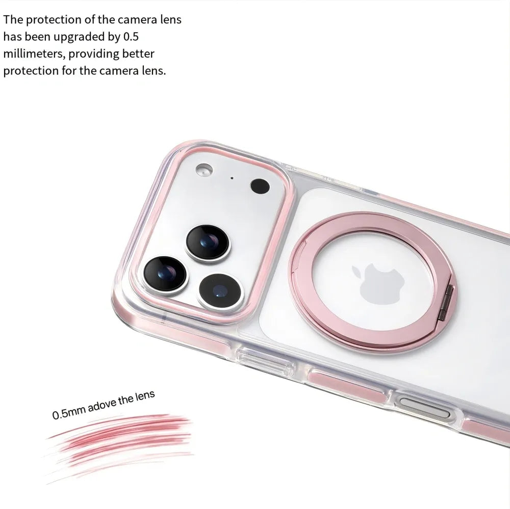 Clear MagSafe iPhone 17 Pro Case with 360° Rotating Ring Stand - Pink Edition