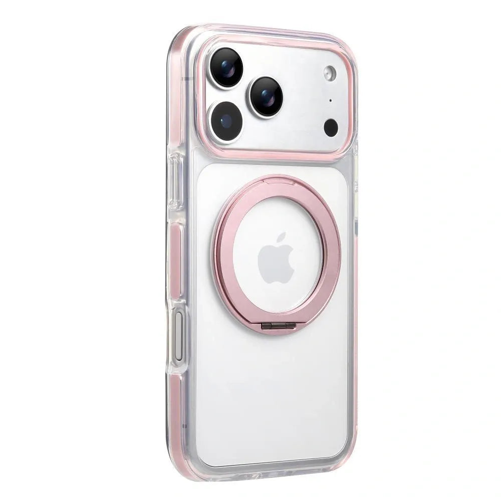 Clear MagSafe iPhone 17 Pro Max Case with 360° Rotating Ring Stand - Pink Edition