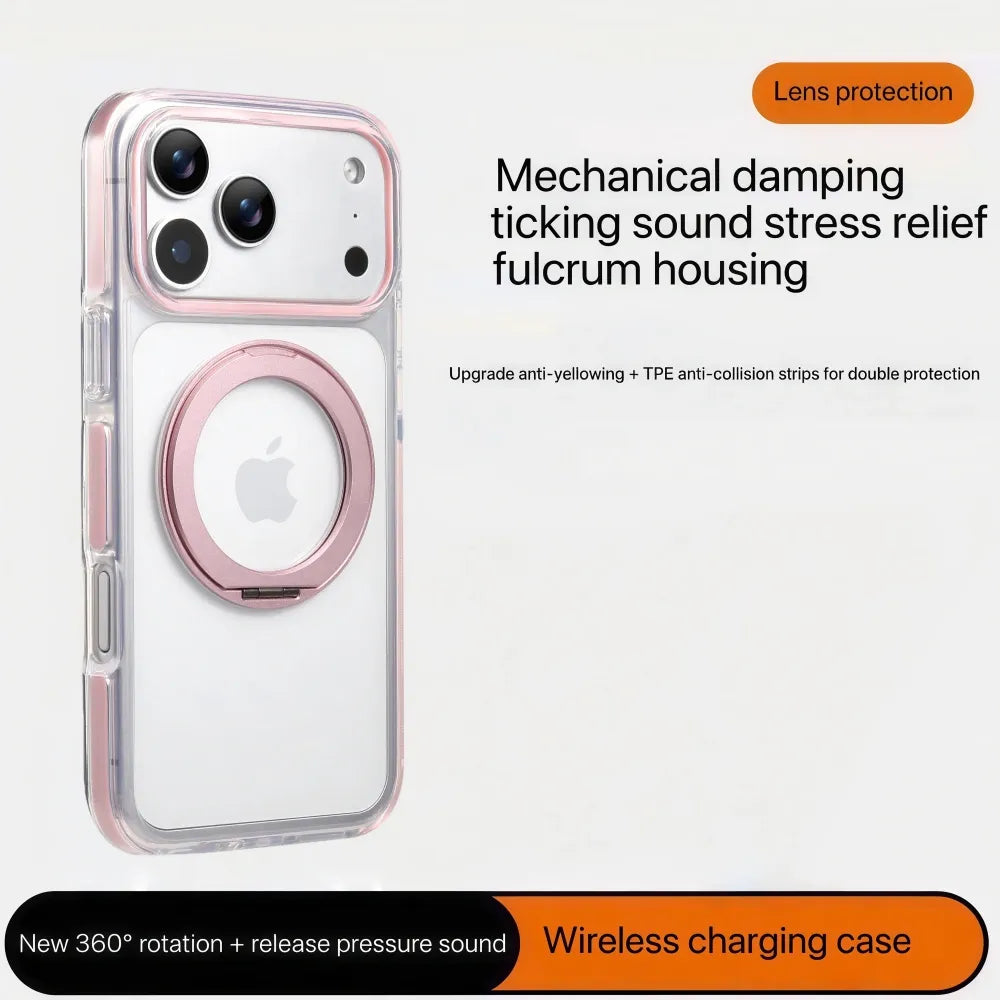 Clear MagSafe iPhone 17 Pro Max Case with 360° Rotating Ring Stand - Pink Edition