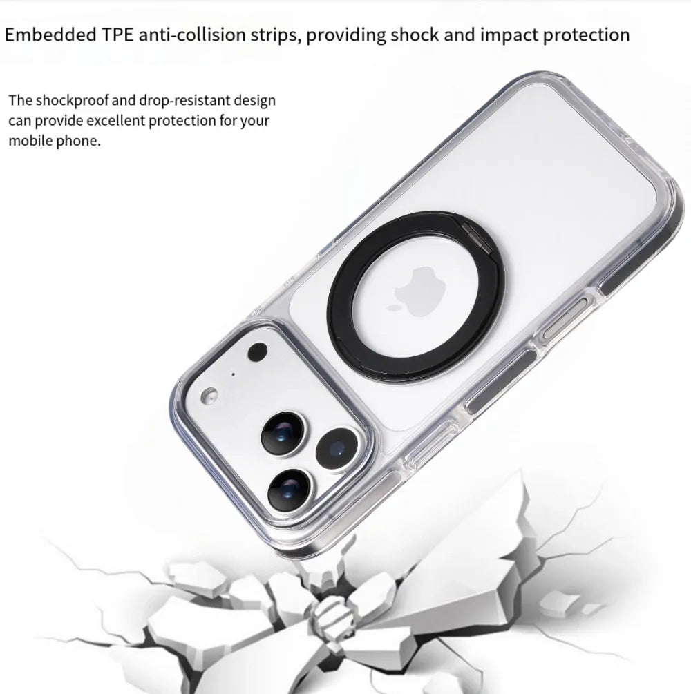 Clear MagSafe iPhone 17 Pro Case with 360° Rotating Ring Stand - Black Edition