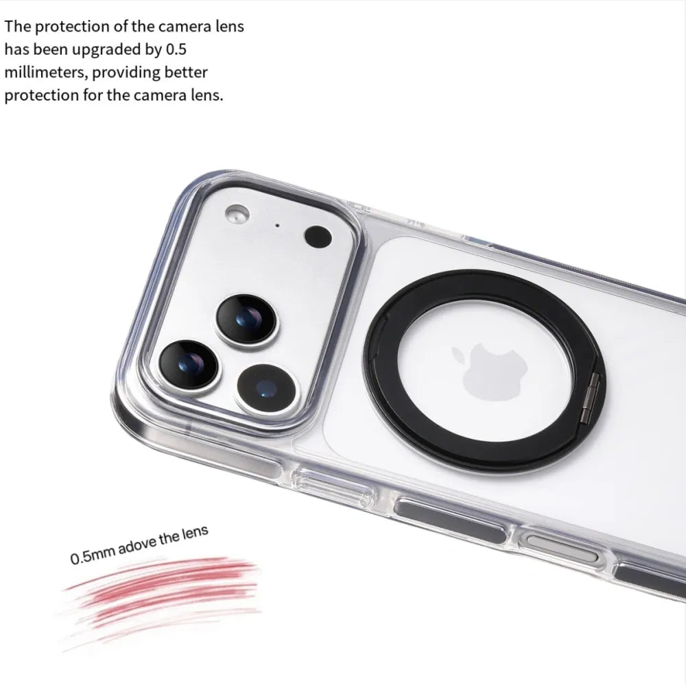 Clear MagSafe iPhone 17 Pro Case with 360° Rotating Ring Stand - Black Edition
