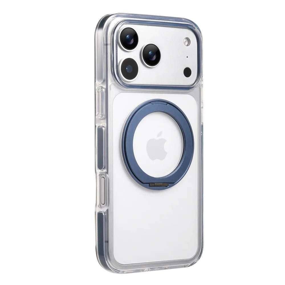 Clear MagSafe iPhone 17 Pro Case with 360° Rotating Ring Stand - Blue Edition