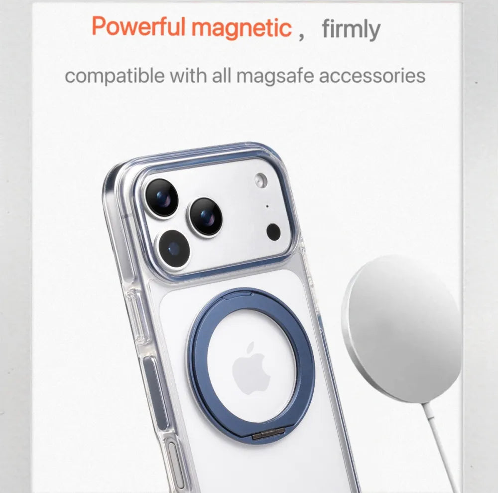 Clear MagSafe iPhone 17 Pro Case with 360° Rotating Ring Stand - Blue Edition