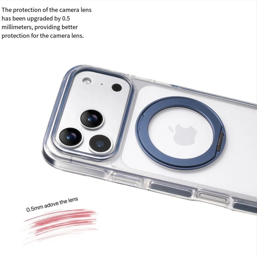 Clear MagSafe iPhone 17 Pro Case with 360° Rotating Ring Stand - Blue Edition