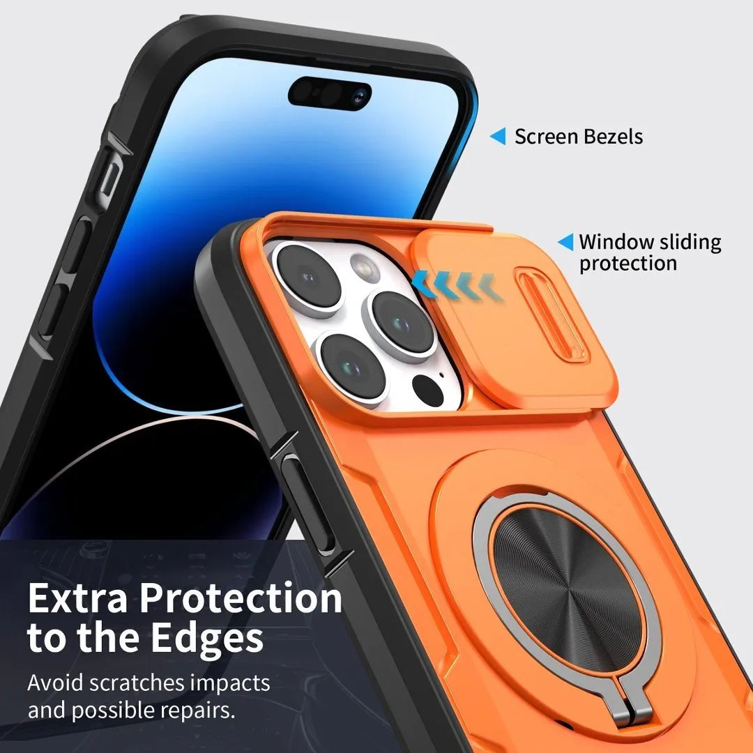 Red Warrior 2-in-1 Magnetic Sliding Lens Case orange for iPhone 15 Pro Max