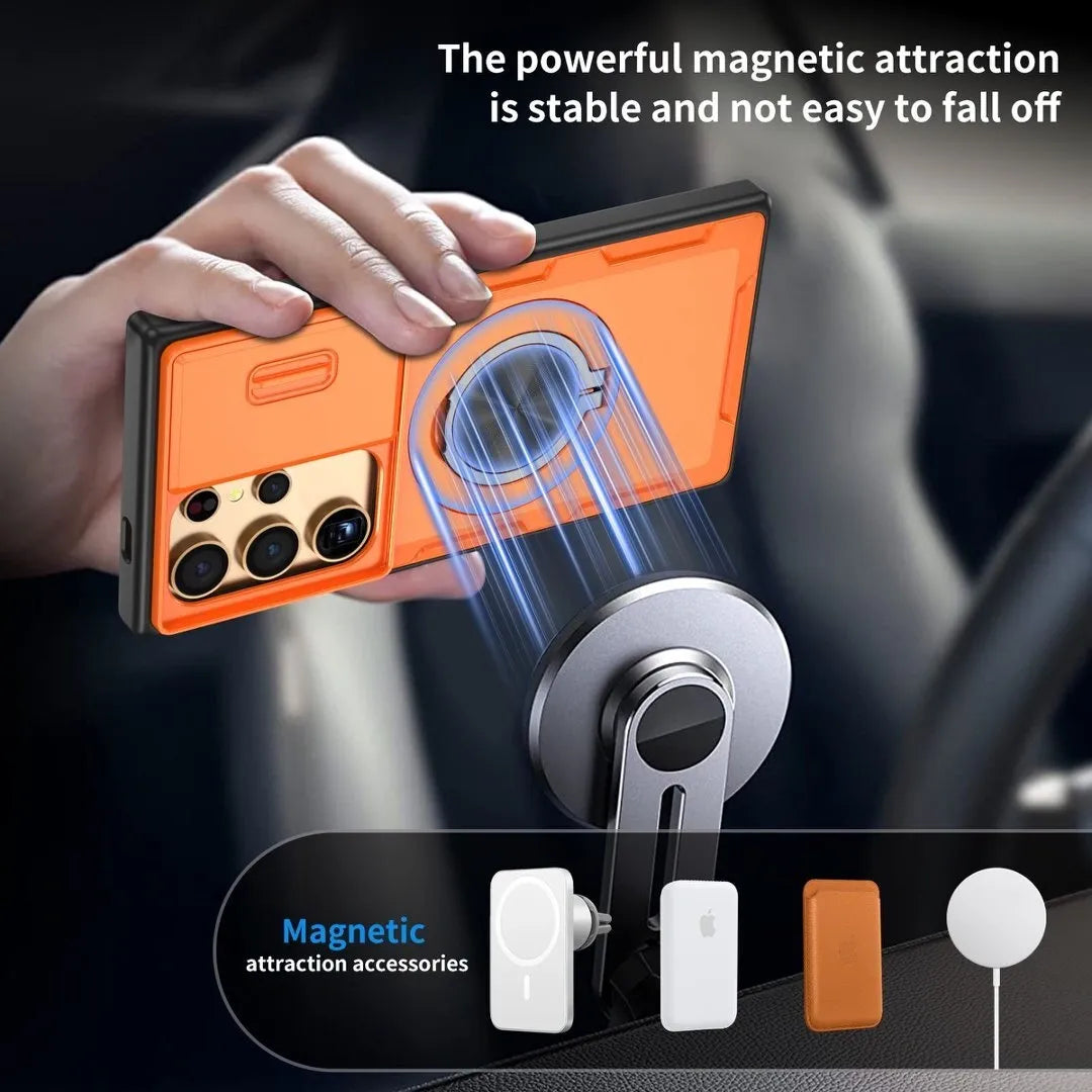 2-in-1 Magnetic Sliding Lens Case, Orange for Samsung S24Ultra