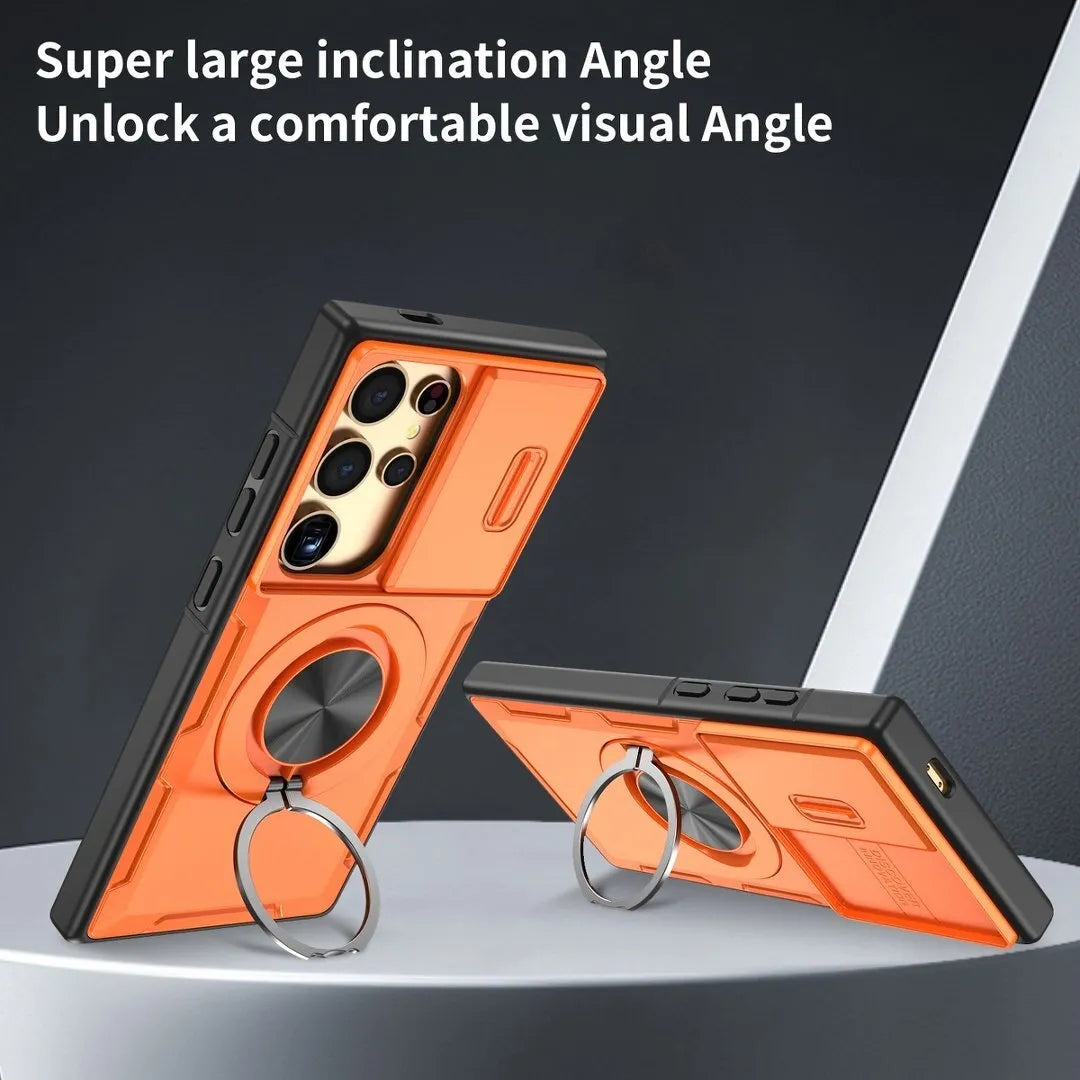 2-in-1 Magnetic Sliding Lens Case, Orange for Samsung S25Ultra