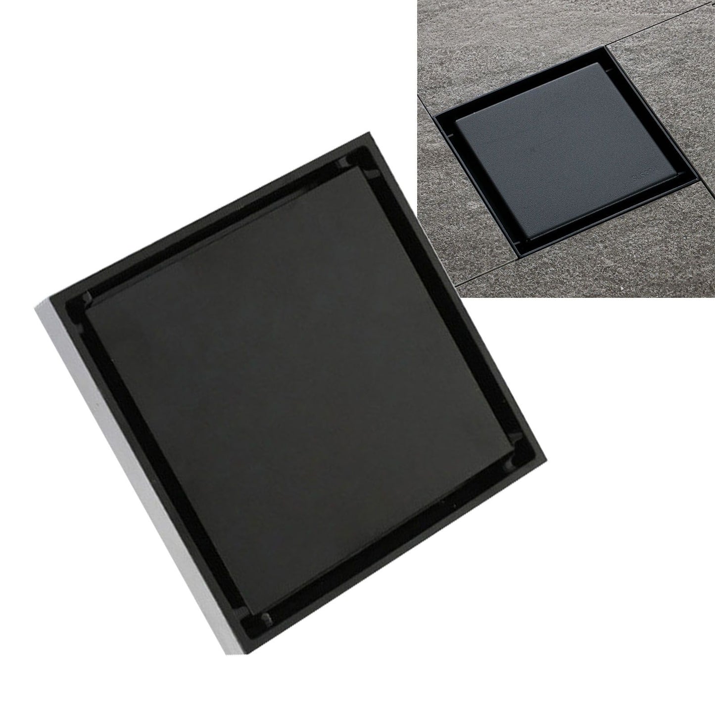 4 Inch Square Invisible Shower Drain Stainless Steel Anti Odor Bathroom Floor Drain 1.3mm Tileable Black