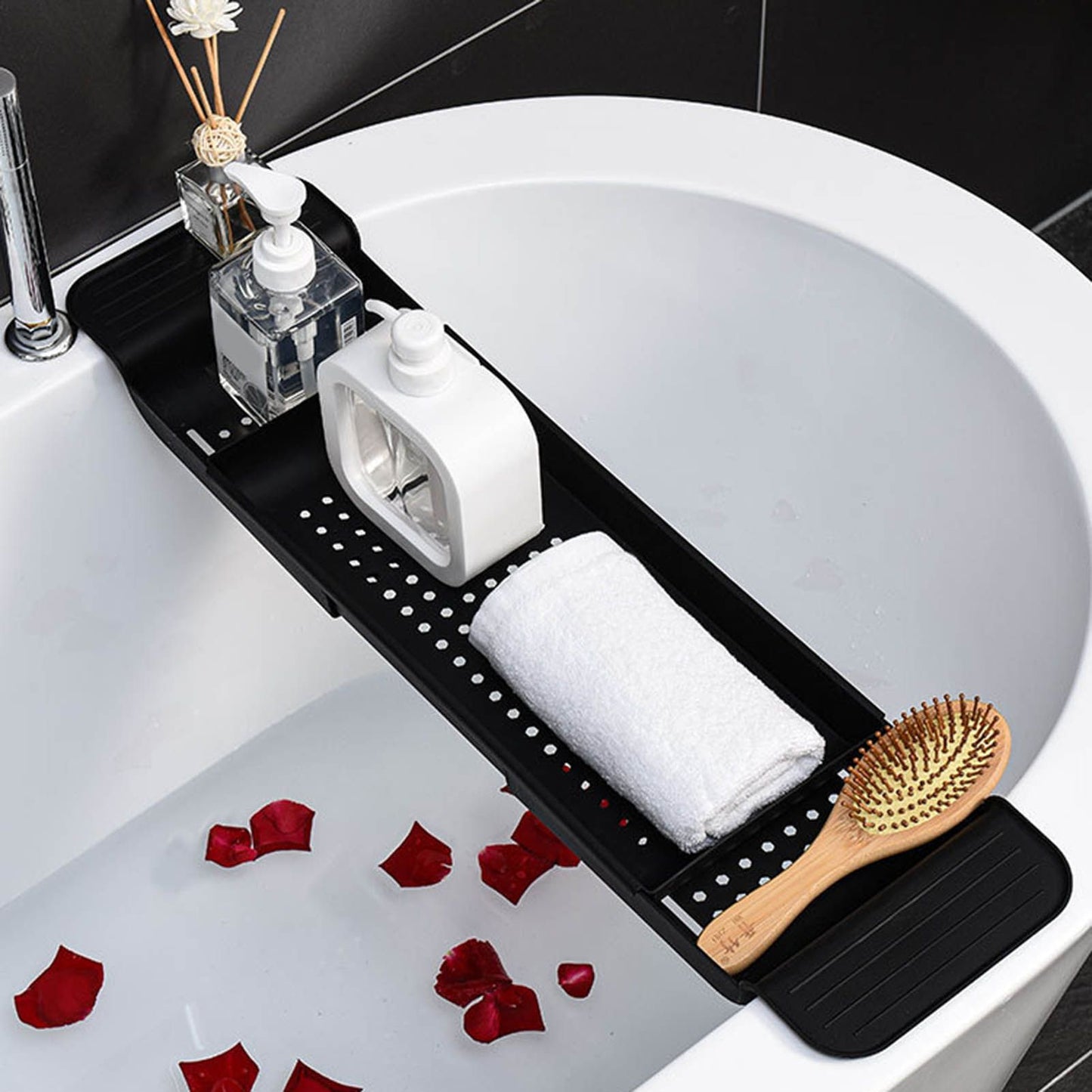 Bathtub Tray Stable Placement Expandable Plastic Material Draining Design Bath Caddy Tub Table for Bathroom Black
