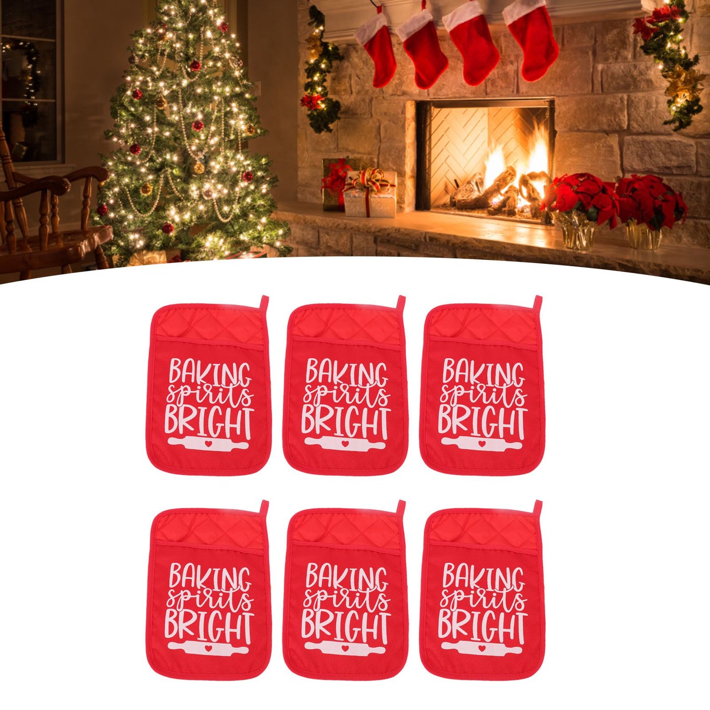 6Pcs Christmas Pot Holders with Pocket Heat Resistant Hot Pad Oven Mitts Cookie Bag Christmas Pot Rack Baking Kit