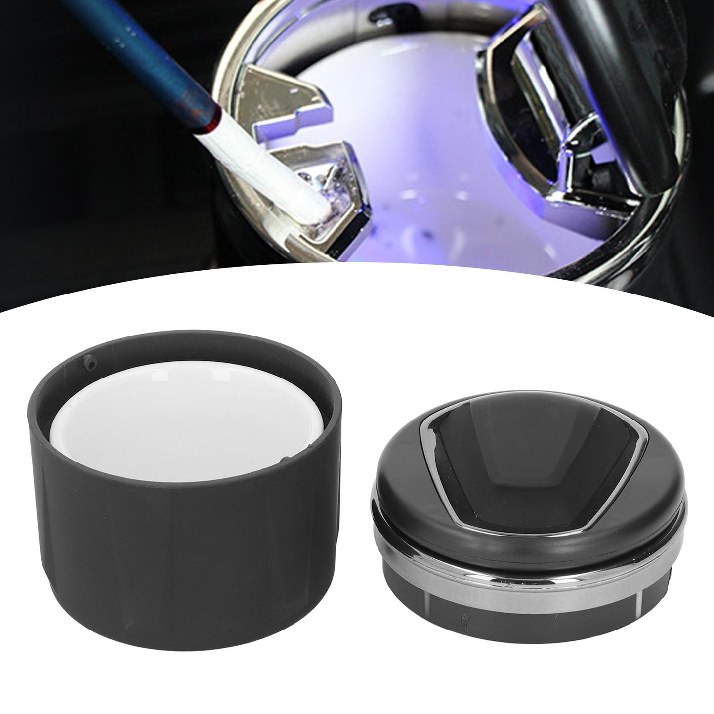 Car Ashtray LED Light with Lid Ceramic Liner Layered Flame Retardant Heat Insulation Smoke Extinguisher Gray